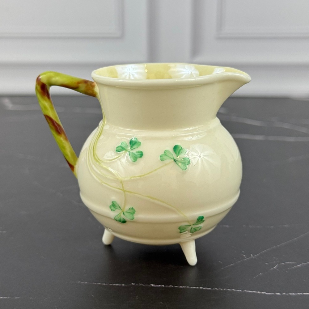 VTG Footed Belleek Pottery Shamrock Creamer Mini Pitcher Green Stamp 1950s